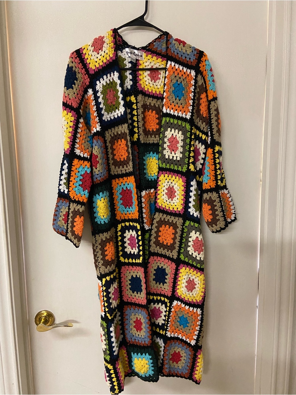 granny square crochet open front kimono cardigan long line colorful boho Duster
